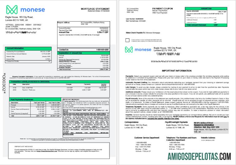 Extrato de hipoteca do Monese Bank do Reino Unido em formatos Word e PDF 1 2 baixar para verificação